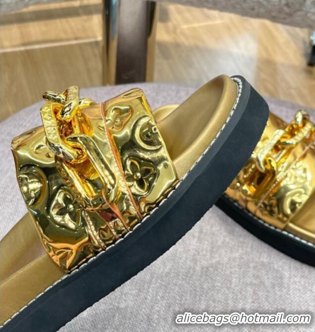 Good Quality Louis Vuitton LV Sunset Monogram Leather Flat Comfort Slide Sandals with Resin Chain Gold 0719103