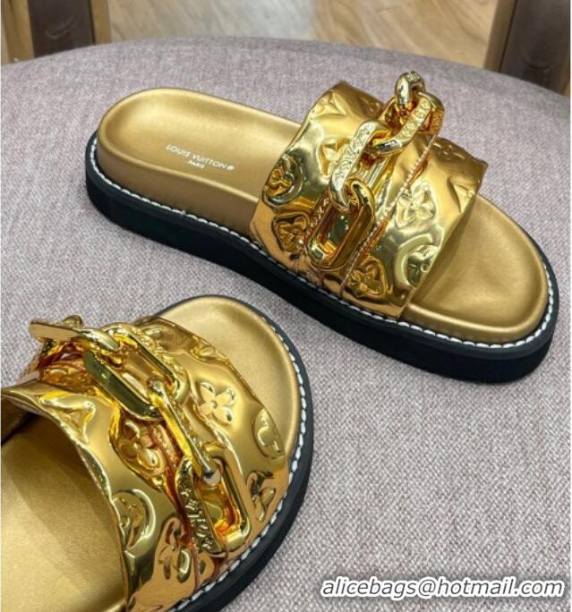 Good Quality Louis Vuitton LV Sunset Monogram Leather Flat Comfort Slide Sandals with Resin Chain Gold 0719103