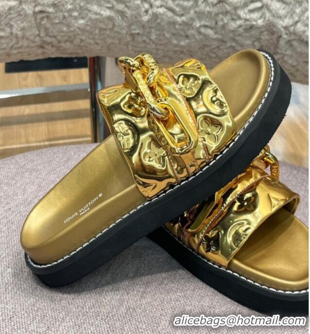 Good Quality Louis Vuitton LV Sunset Monogram Leather Flat Comfort Slide Sandals with Resin Chain Gold 0719103