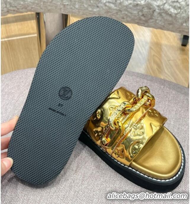 Good Quality Louis Vuitton LV Sunset Monogram Leather Flat Comfort Slide Sandals with Resin Chain Gold 0719103