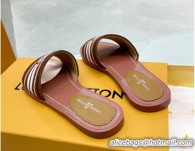 Luxury Louis Vuitton Magnetic Printed Canvas Flat Slide Sandals Brown 721104