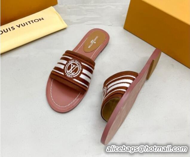 Luxury Louis Vuitton Magnetic Printed Canvas Flat Slide Sandals Brown 721104