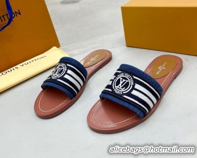 Low Cost Louis Vuitton Magnetic Printed Canvas Flat Slide Sandals Blue 721105