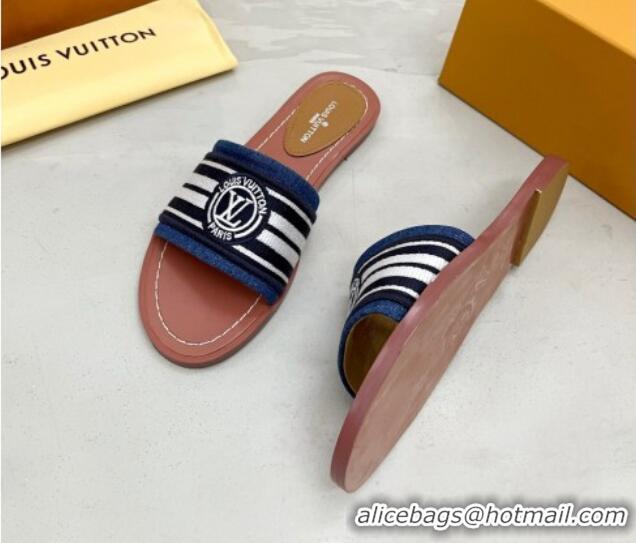 Low Cost Louis Vuitton Magnetic Printed Canvas Flat Slide Sandals Blue 721105