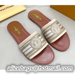 Good Looking Louis Vuitton Magnetic Printed Canvas Flat Slide Sandals Beige 721106