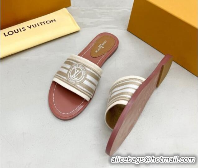 Good Looking Louis Vuitton Magnetic Printed Canvas Flat Slide Sandals Beige 721106