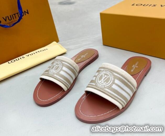 Good Looking Louis Vuitton Magnetic Printed Canvas Flat Slide Sandals Beige 721106