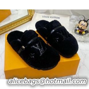 Popular Style Louis Vuitton Winterbreak Shearling Comfort Flat Mules Black 721109