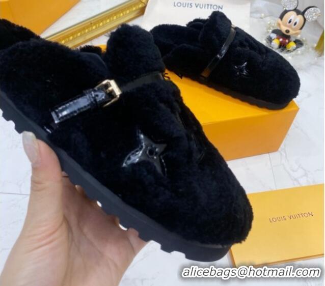 Popular Style Louis Vuitton Winterbreak Shearling Comfort Flat Mules Black 721109