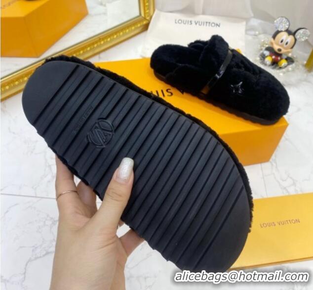 Popular Style Louis Vuitton Winterbreak Shearling Comfort Flat Mules Black 721109