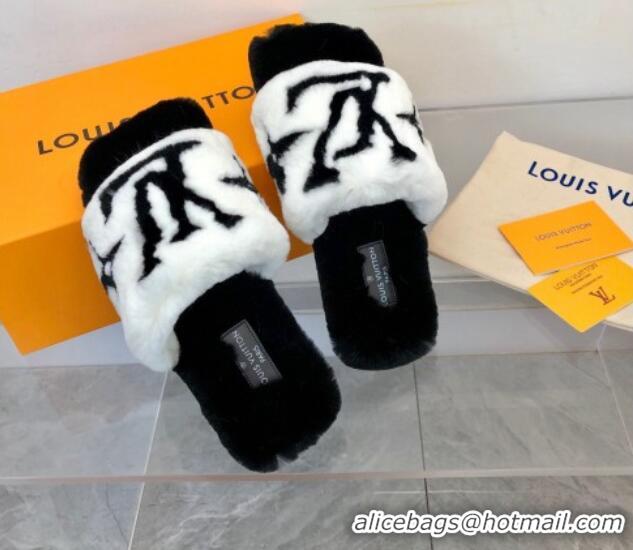 Good Quality Louis Vuitton Fay Rabbit Fur Flat Slide Sandals White 0721112