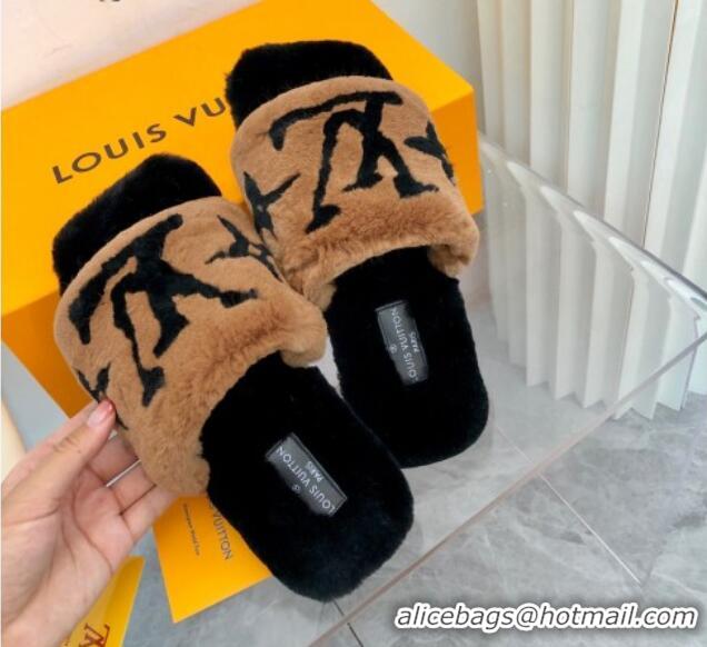 Charming Louis Vuitton Fay Rabbit Fur Flat Slide Sandals Brown 721113