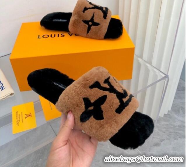 Charming Louis Vuitton Fay Rabbit Fur Flat Slide Sandals Brown 721113