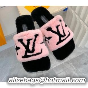 Top Design Louis Vuitton Fay Rabbit Fur Flat Slide Sandals Pink 721114