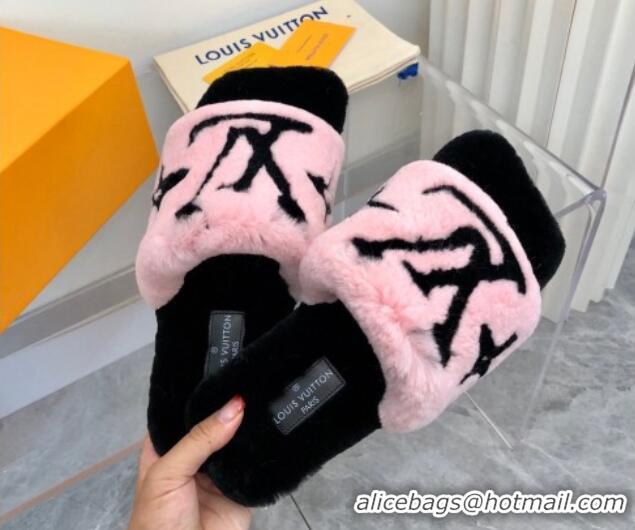 Top Design Louis Vuitton Fay Rabbit Fur Flat Slide Sandals Pink 721114