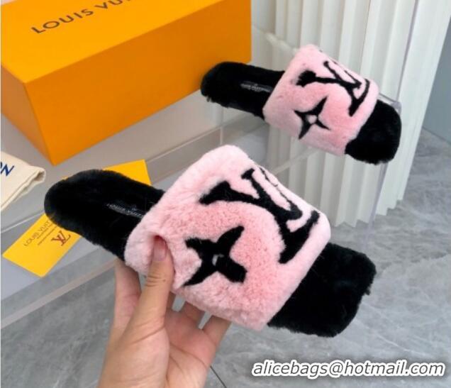 Top Design Louis Vuitton Fay Rabbit Fur Flat Slide Sandals Pink 721114