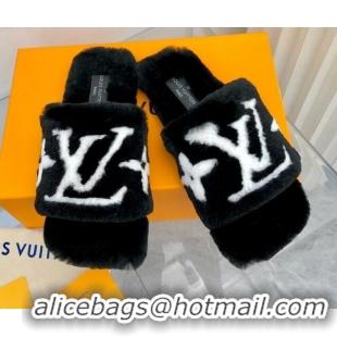 Unique Style Louis Vuitton Fay Rabbit Fur Flat Slide Sandals Black 721115