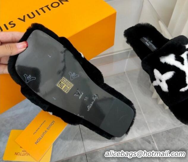 Unique Style Louis Vuitton Fay Rabbit Fur Flat Slide Sandals Black 721115