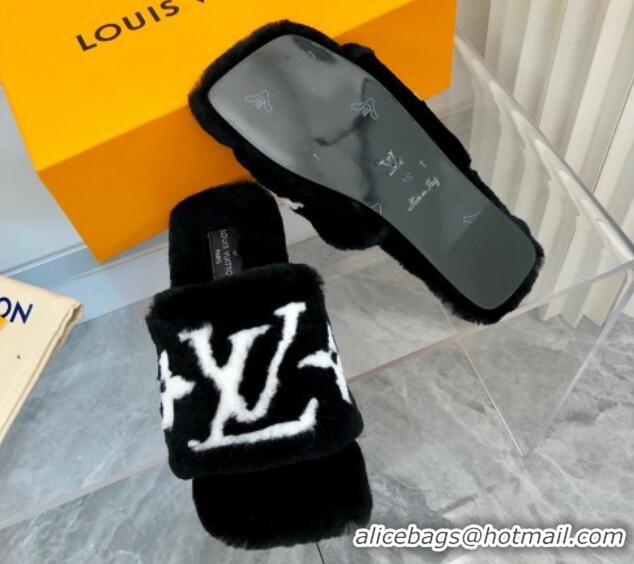 Unique Style Louis Vuitton Fay Rabbit Fur Flat Slide Sandals Black 721115