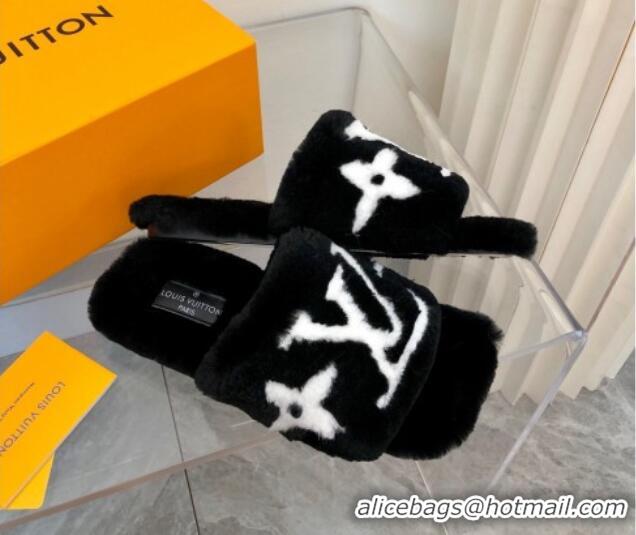 Unique Style Louis Vuitton Fay Rabbit Fur Flat Slide Sandals Black 721115