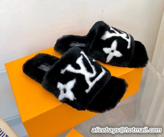 Unique Style Louis Vuitton Fay Rabbit Fur Flat Slide Sandals Black 721115