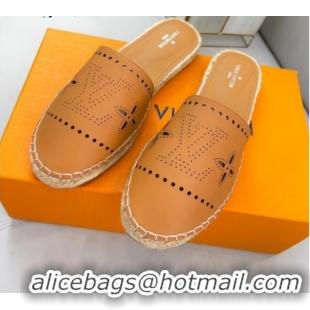 Good Looking Louis Vuitton Starboard Cut-out Leather Espadrille Mules Tan Brown 072201