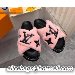 Top Grade Louis Vuitton Paseo Flat Comfort Shearling Slide Sandals Pink 081055