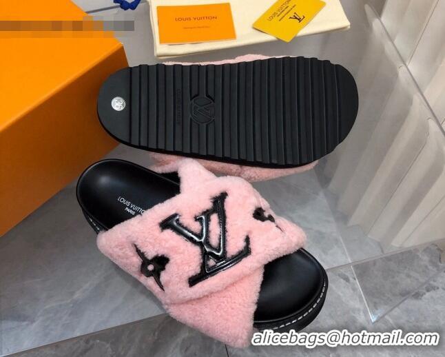 Top Grade Louis Vuitton Paseo Flat Comfort Shearling Slide Sandals Pink 081055