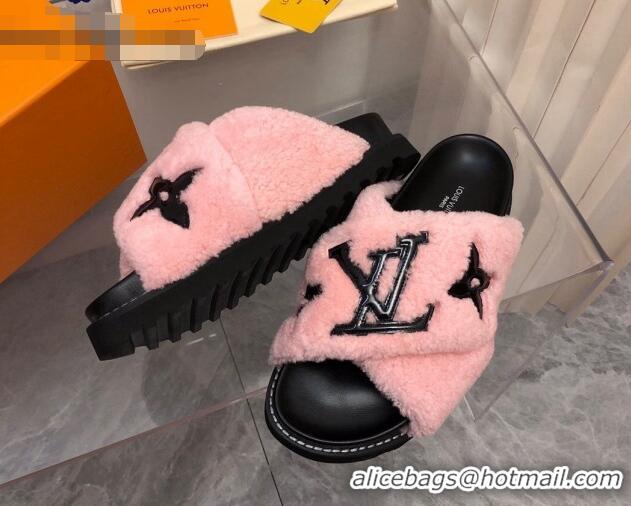 Top Grade Louis Vuitton Paseo Flat Comfort Shearling Slide Sandals Pink 081055