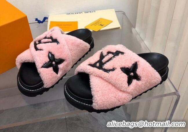 Top Grade Louis Vuitton Paseo Flat Comfort Shearling Slide Sandals Pink 081055