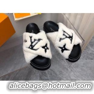 Low Cost Louis Vuitton Paseo Flat Comfort Shearling Slide Sandals White 081056