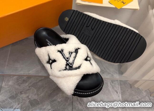 Low Cost Louis Vuitton Paseo Flat Comfort Shearling Slide Sandals White 081056