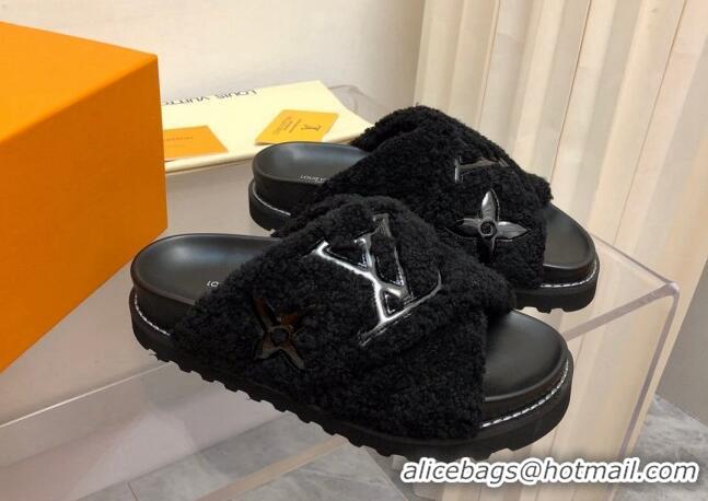 Durable Louis Vuitton Paseo Flat Comfort Shearling Slide Sandals Black 081057