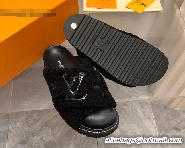 Durable Louis Vuitton Paseo Flat Comfort Shearling Slide Sandals Black 081057