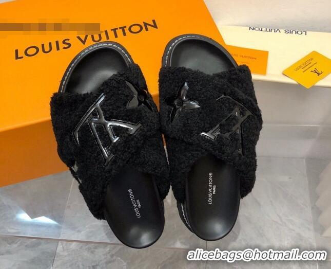 Durable Louis Vuitton Paseo Flat Comfort Shearling Slide Sandals Black 081057