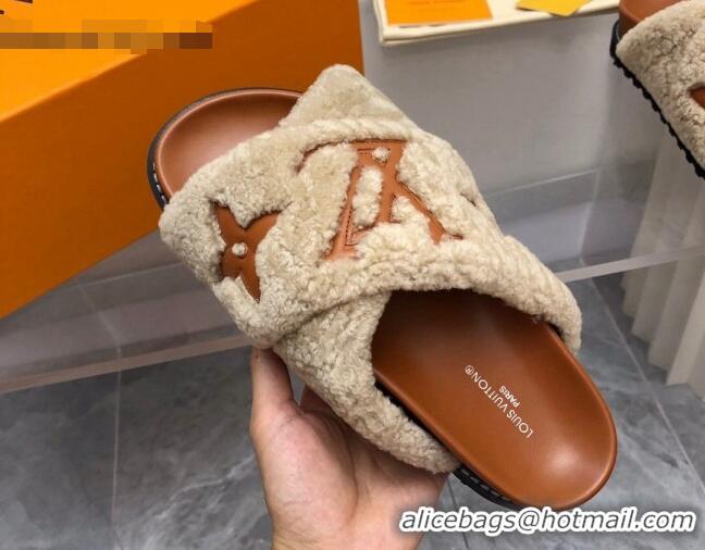 Shop Duplicate Louis Vuitton Paseo Flat Comfort Shearling Slide Sandals Light Brown 081058