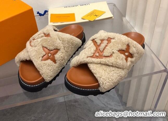 Shop Duplicate Louis Vuitton Paseo Flat Comfort Shearling Slide Sandals Light Brown 081058