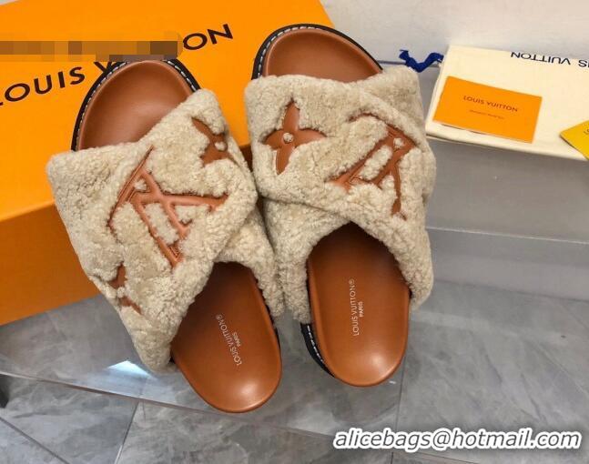 Shop Duplicate Louis Vuitton Paseo Flat Comfort Shearling Slide Sandals Light Brown 081058