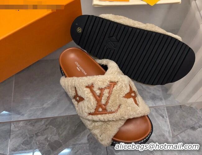 Shop Duplicate Louis Vuitton Paseo Flat Comfort Shearling Slide Sandals Light Brown 081058