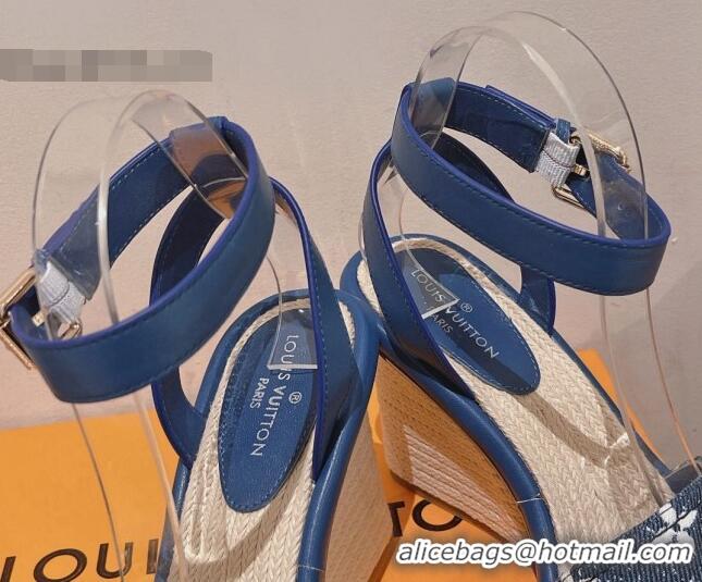 Luxurious Louis Vuitton Maia Wedge Sandals 8cm in Monogram Denim Blue 081059