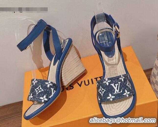 Luxurious Louis Vuitton Maia Wedge Sandals 8cm in Monogram Denim Blue 081059