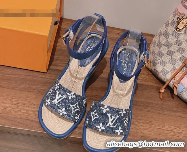 Luxurious Louis Vuitton Maia Wedge Sandals 8cm in Monogram Denim Blue 081059