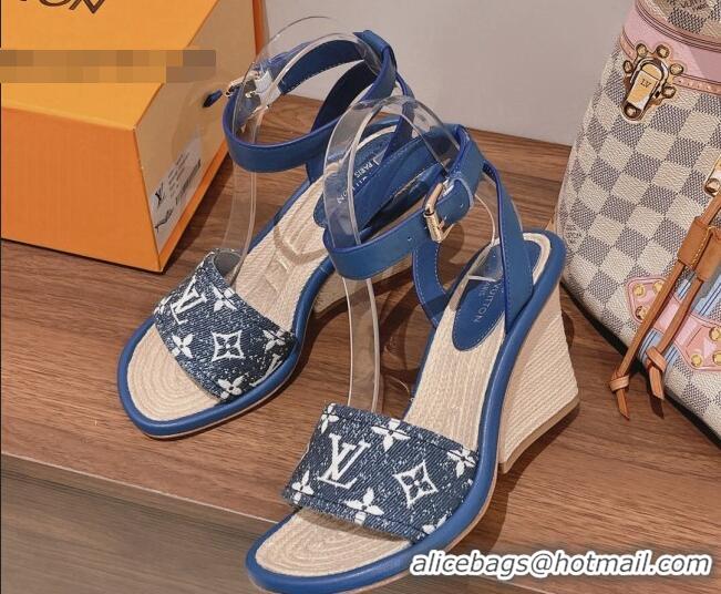 Luxurious Louis Vuitton Maia Wedge Sandals 8cm in Monogram Denim Blue 081059