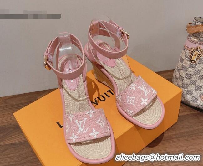 Most Popular Louis Vuitton Maia Wedge Sandals 8cm in Monogram Denim Light Pink 081060