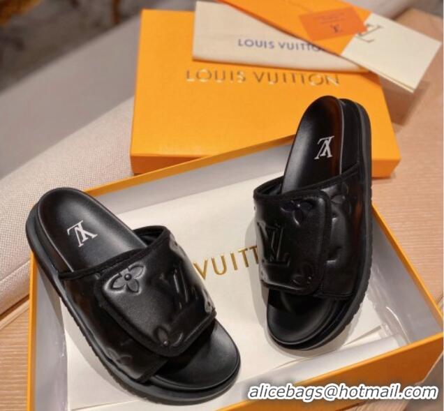 Duplicate Louis Vuitton Miami Monogram Leather Slide Sandals Black 081063