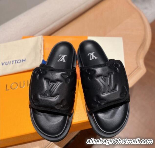 Duplicate Louis Vuitton Miami Monogram Leather Slide Sandals Black 081063