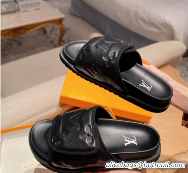 Duplicate Louis Vuitton Miami Monogram Leather Slide Sandals Black 081063