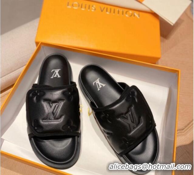 Duplicate Louis Vuitton Miami Monogram Leather Slide Sandals Black 081063