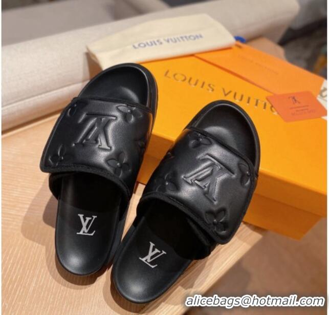 Duplicate Louis Vuitton Miami Monogram Leather Slide Sandals Black 081063