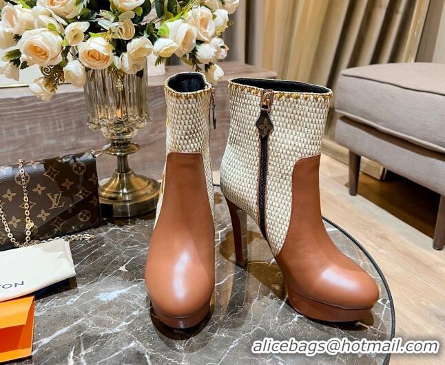 Unique Style Louis Vuitton Raffia-Like and Leather Ankle Boots 10cm Brown 082622